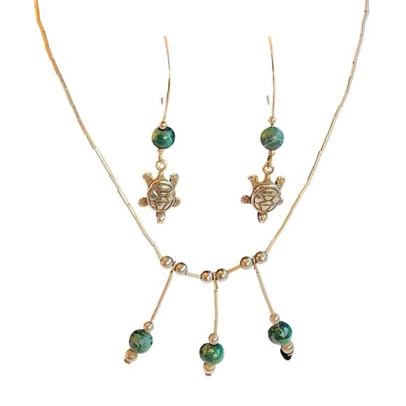 VTG Sterling Silver & Malachite Turtle Earrings Tube and Bead Necklace Set 1970s - Picture 2 of 8